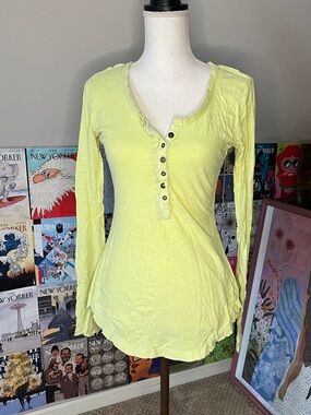 Free People Neon Yellow/Green Long-Sleeve Henley Top with Crochet Sleeves